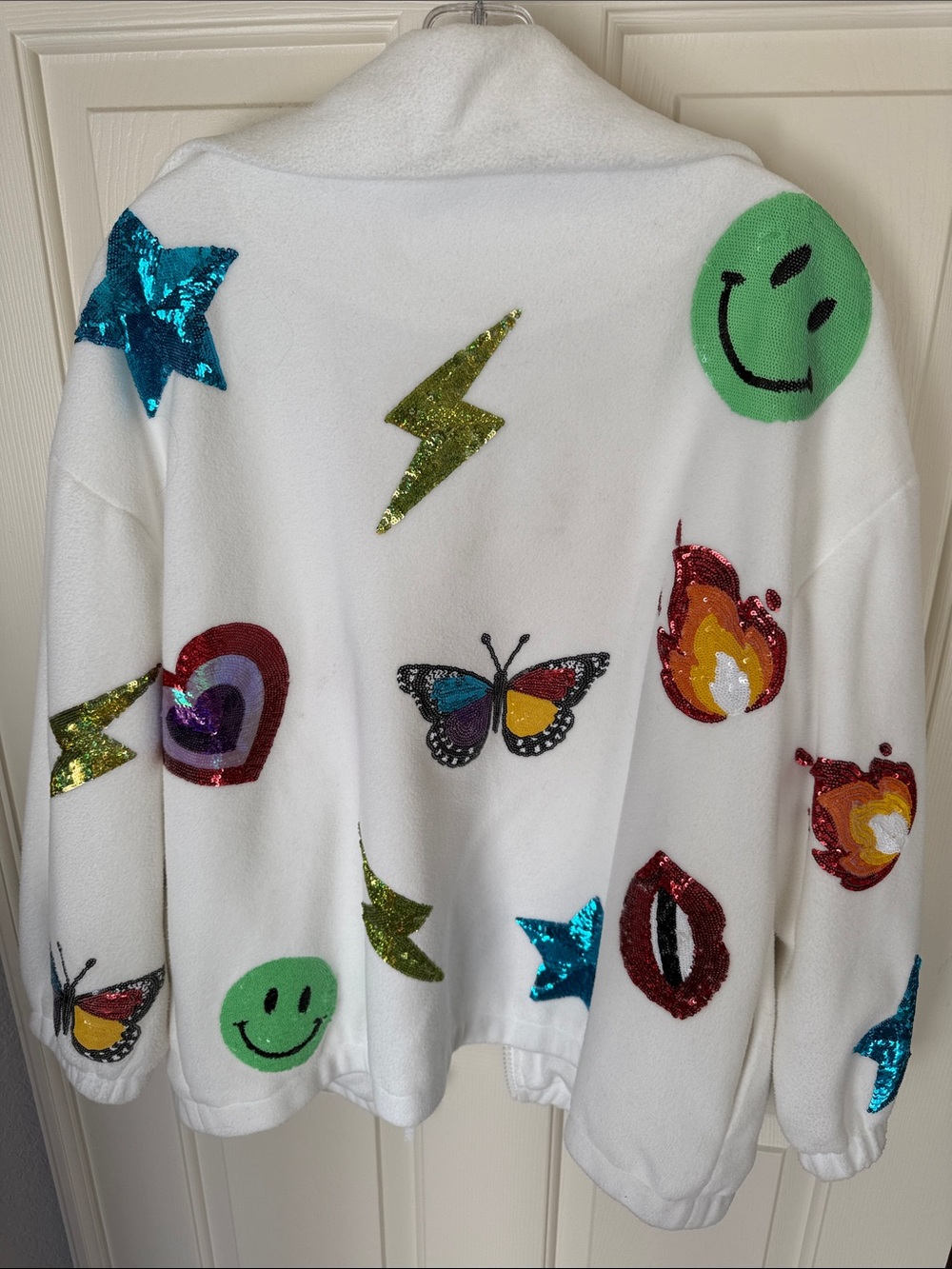 QUEEN OF SPARKLES White Sequin Emoji Patch Zip Jacket - Picture 2 of 4